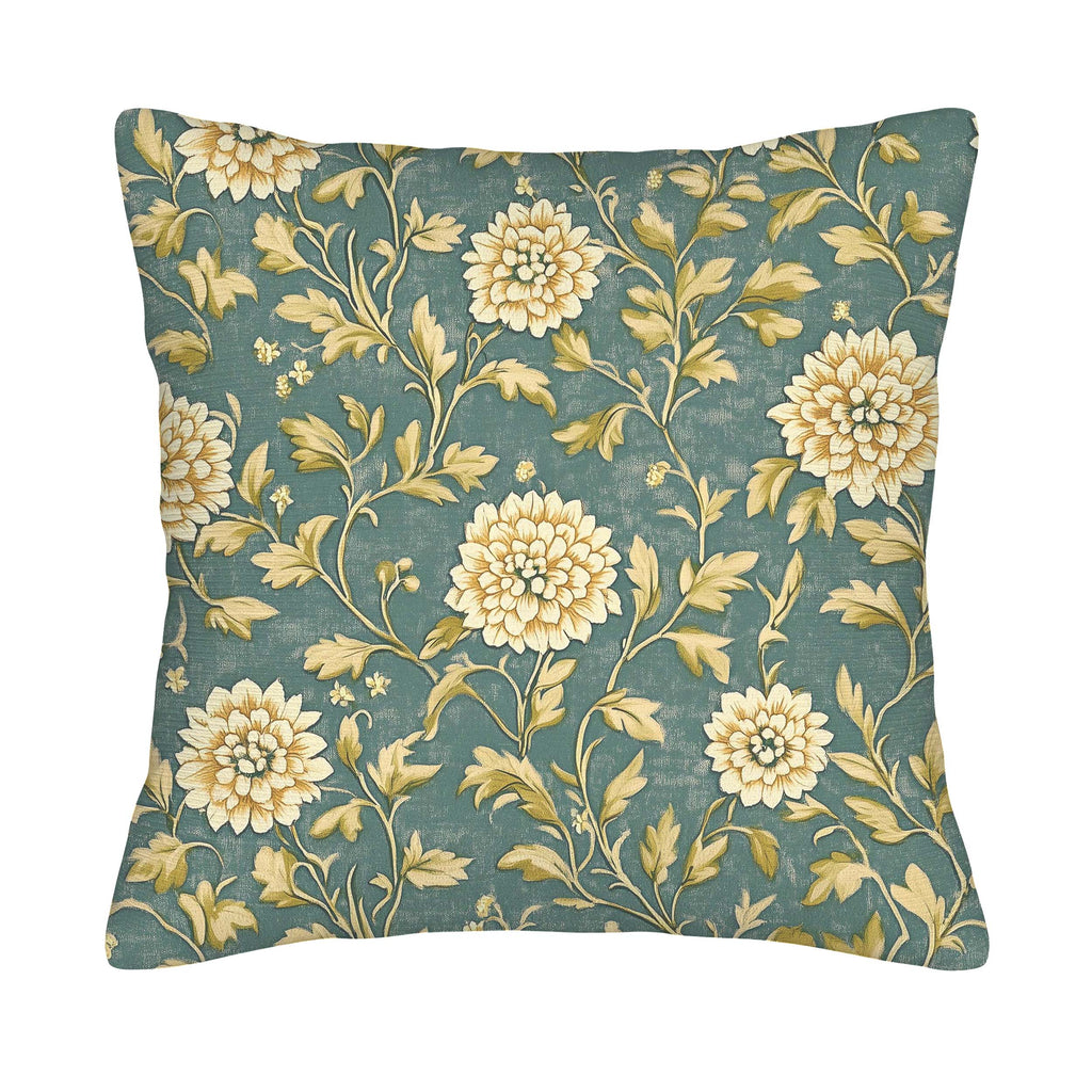 Teal chrysanthemum pillow cover with gold vine floral pattern.