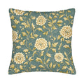 Teal chrysanthemum pillow cover with gold vine floral pattern.