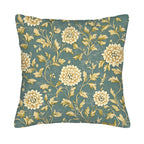Teal chrysanthemum pillow cover with gold vine floral pattern.