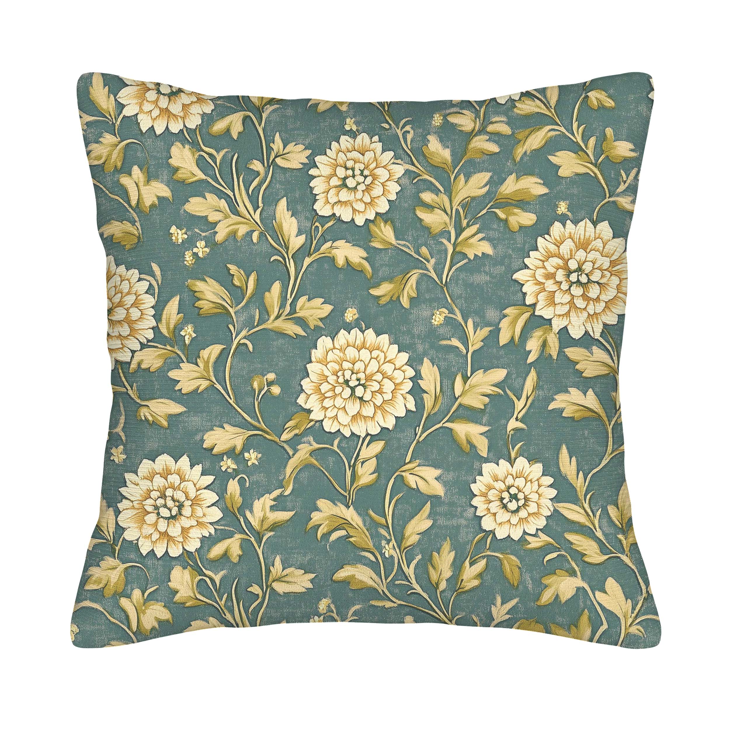 Teal chrysanthemum pillow cover with gold vine floral pattern.
