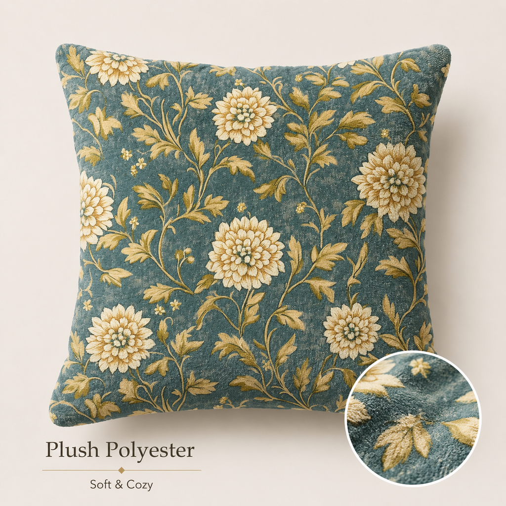 Teal chrysanthemum pillow cover with soft plush polyester detail.