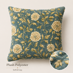 Teal chrysanthemum pillow cover with soft plush polyester detail.