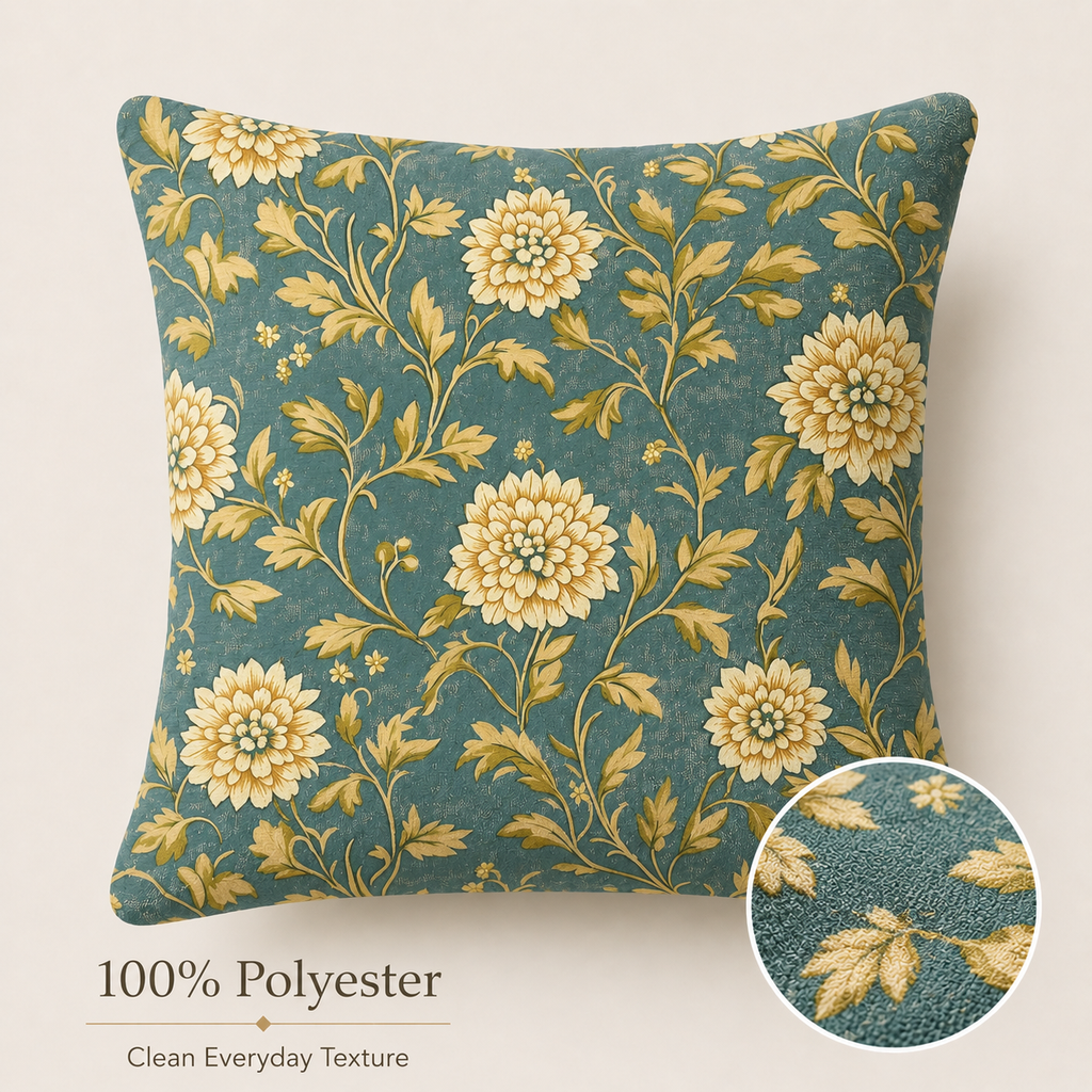 Teal chrysanthemum pillow cover with clean polyester texture detail.