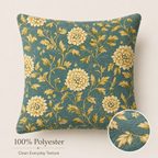 Teal chrysanthemum pillow cover with clean polyester texture detail.