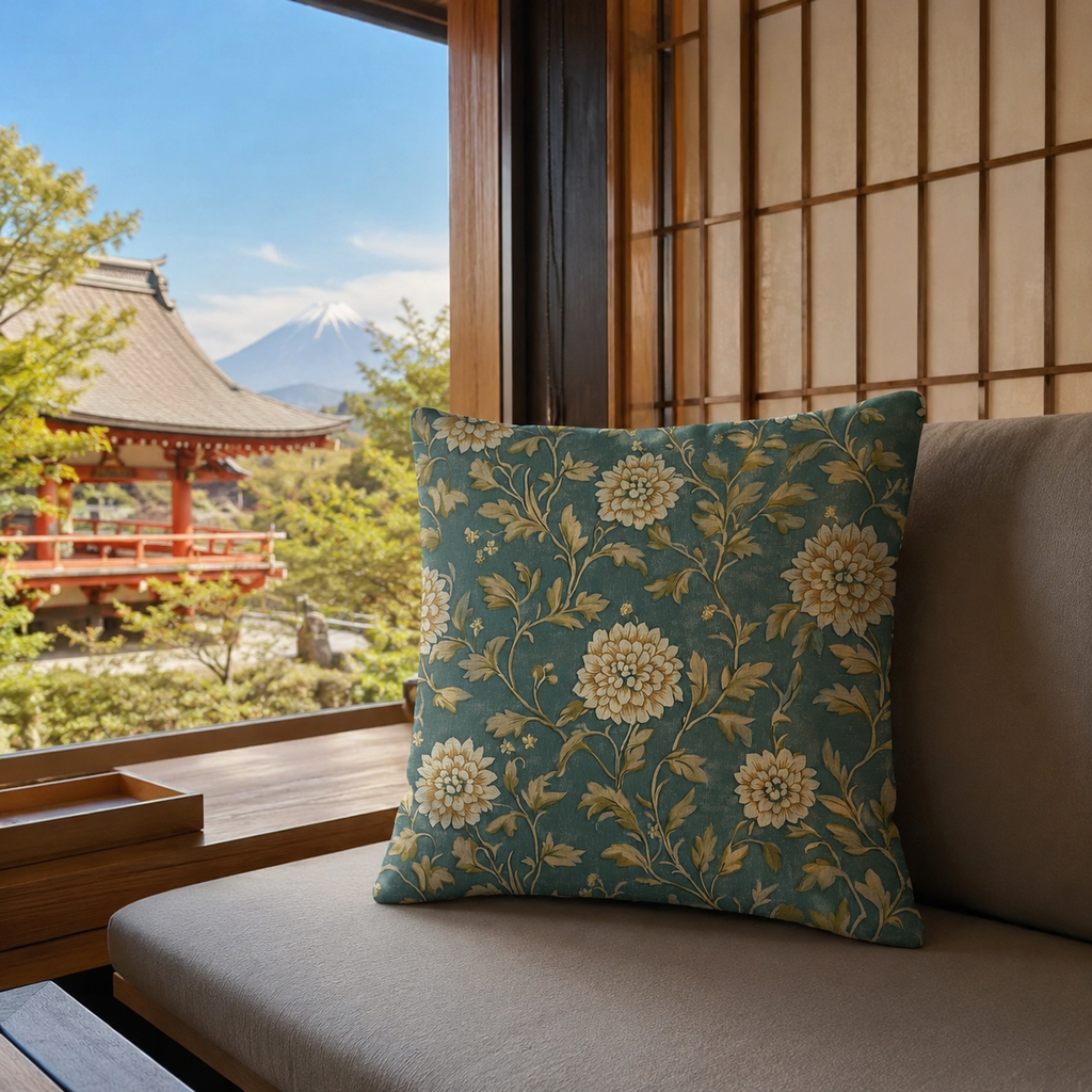 Teal chrysanthemum pillow cover on a tatami seat near a shoji window.