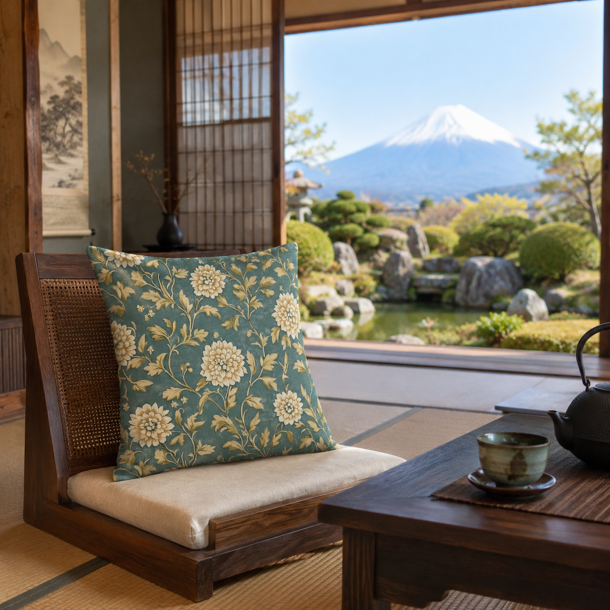 Teal chrysanthemum pillow cover styled in a Japanese tea room.