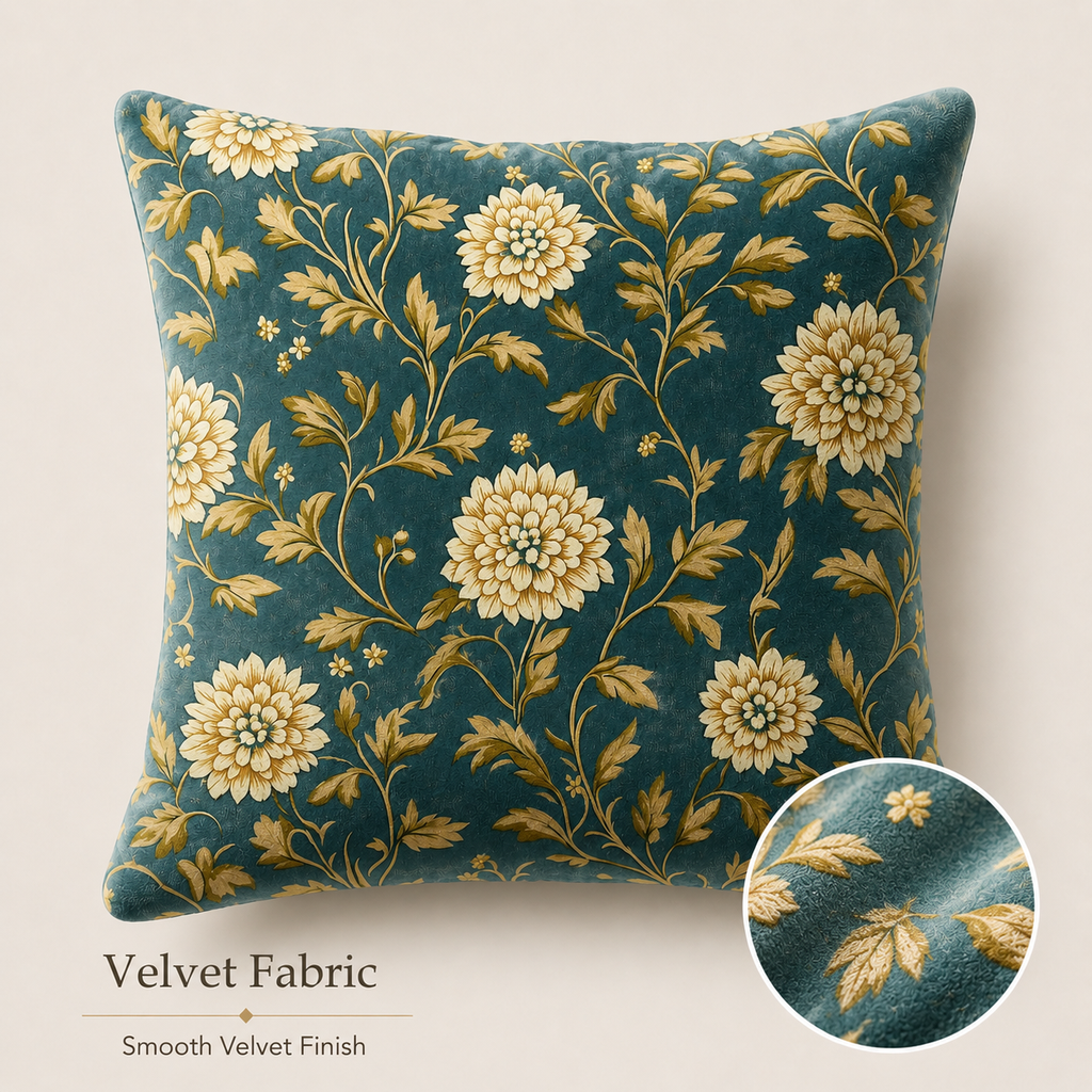 Teal chrysanthemum pillow cover with smooth velvet fabric detail.