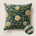 Teal chrysanthemum pillow cover with smooth velvet fabric detail.