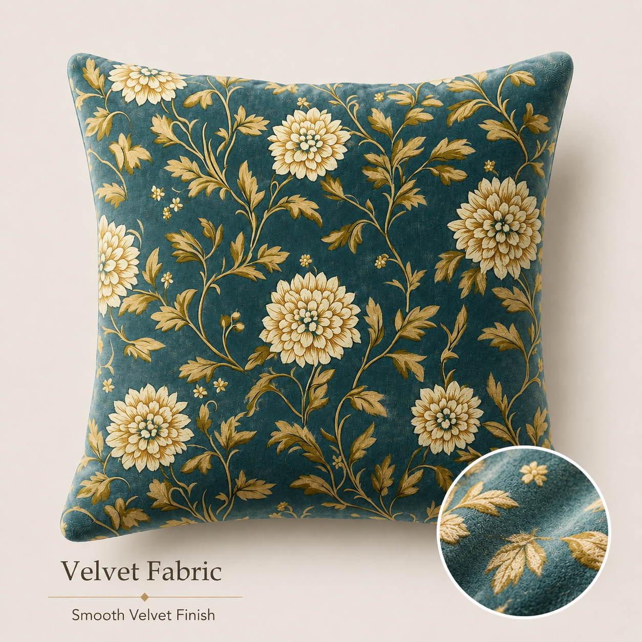 Teal chrysanthemum pillow cover with smooth velvet fabric detail.