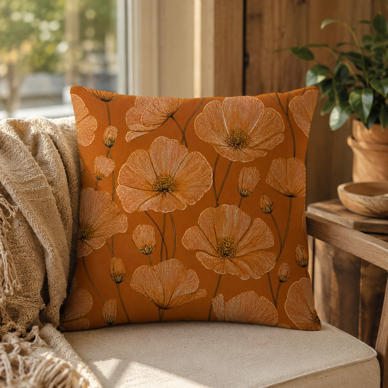 An orange botanical poppy flower pillow cover resting on an armchair by a sunlit living room window.