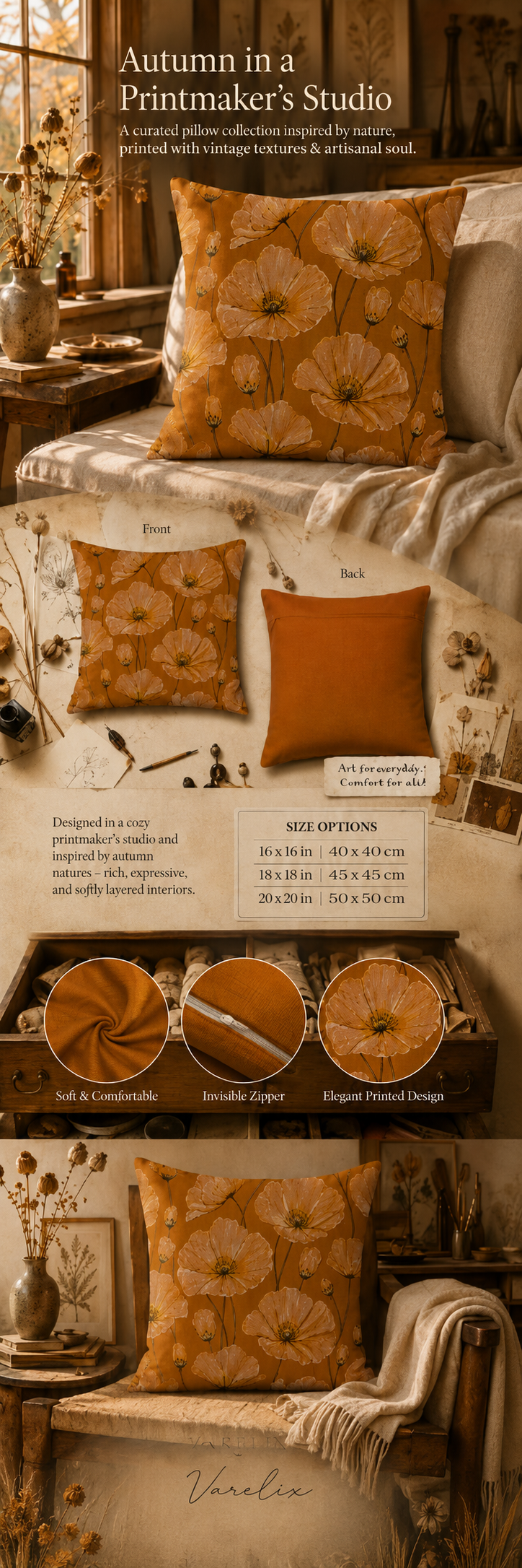 Infographic for an autumn poppy flower pillow cover showing front and back views, size options, and fabric details.