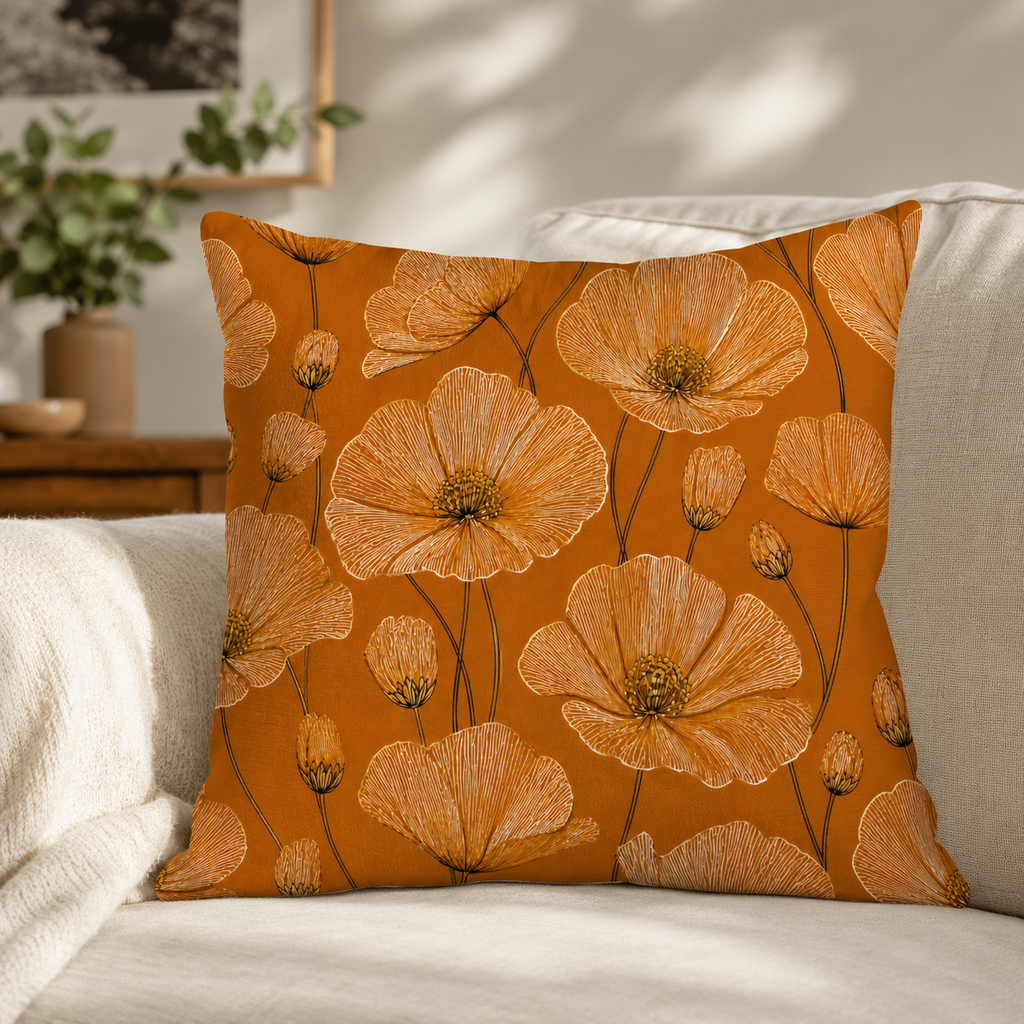 A botanical poppy floral pillow cover styled on a modern cream sofa in a cozy living room.