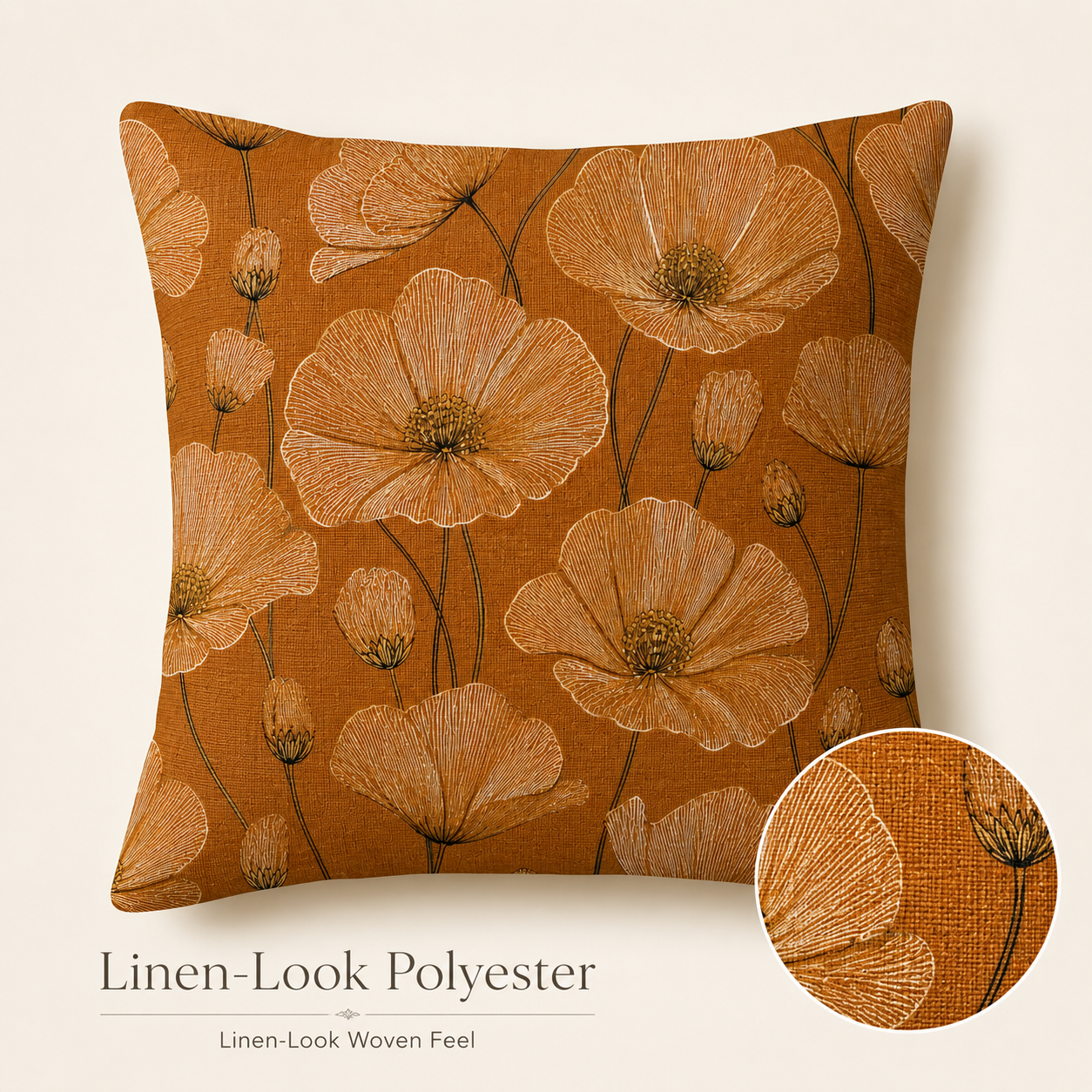 A linen-look polyester poppy floral pillow cover displaying the woven texture and rustic feel closeup.
