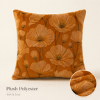 A soft and cozy plush polyester poppy flower pillow cover with a close-up circle highlighting the fabric.