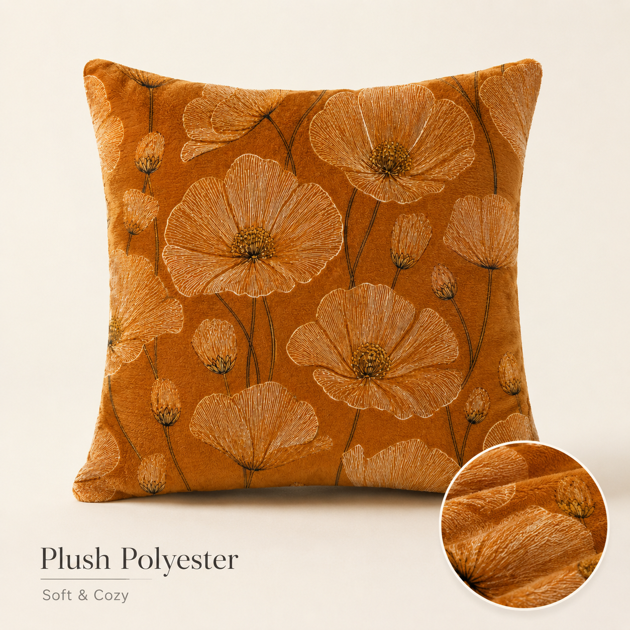 A soft and cozy plush polyester poppy flower pillow cover with a close-up circle highlighting the fabric.