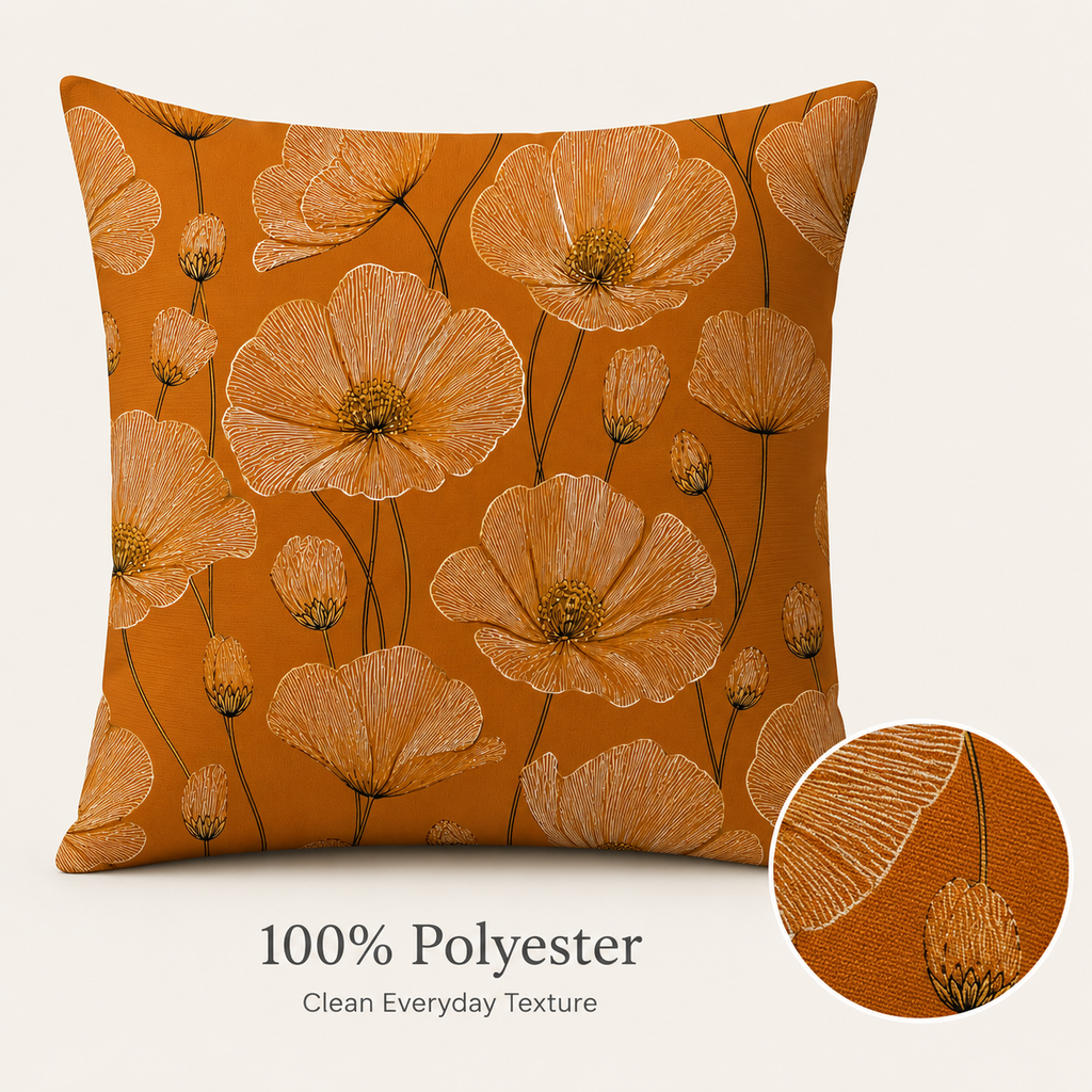 Close-up detail of a 100% polyester poppy flower pillow cover showing clean everyday fabric texture.