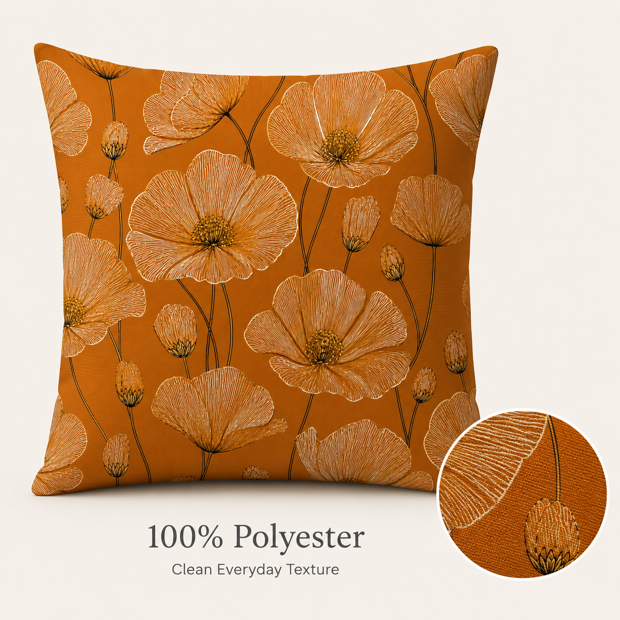 Close-up detail of a 100% polyester poppy flower pillow cover showing clean everyday fabric texture.