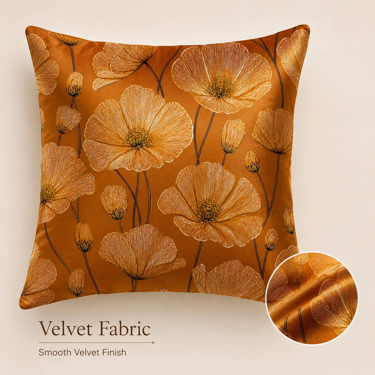 A smooth velvet fabric poppy flower pillow cover showing the premium texture and soft finish details.