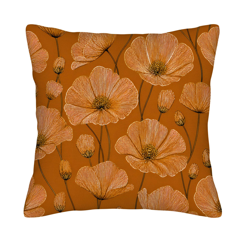 A terracotta orange pillow cover featuring a detailed botanical poppy flower pattern isolated on a white background.