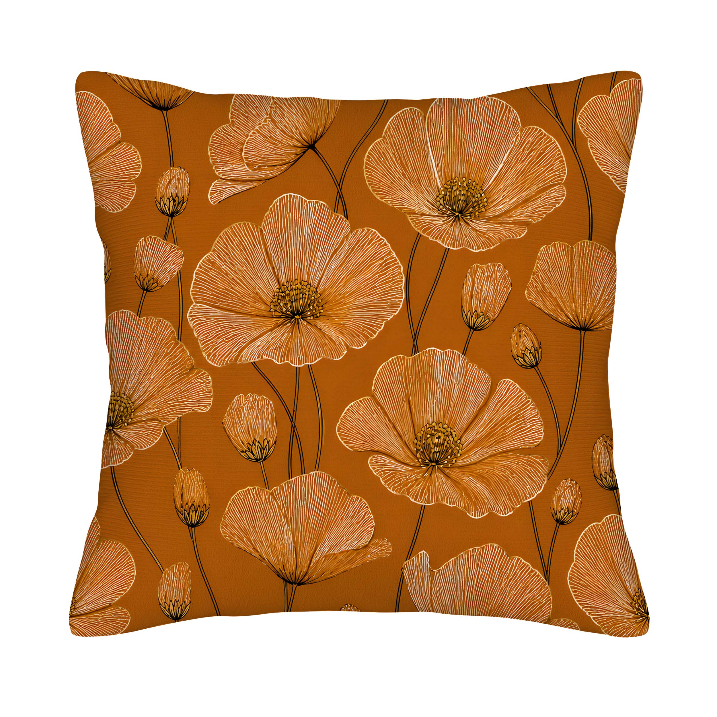 A terracotta orange pillow cover featuring a detailed botanical poppy flower pattern isolated on a white background.