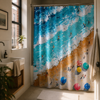 An impasto style beach print shower curtain bringing a seaside escape vibe into an urban apartment bathroom next to a window.