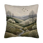 A square throw pillow cover isolated on a white background, featuring a highly detailed faux-embroidery print of a serene countryside valley, winding river, and white blossoming trees under a soft grey sky with flying birds.