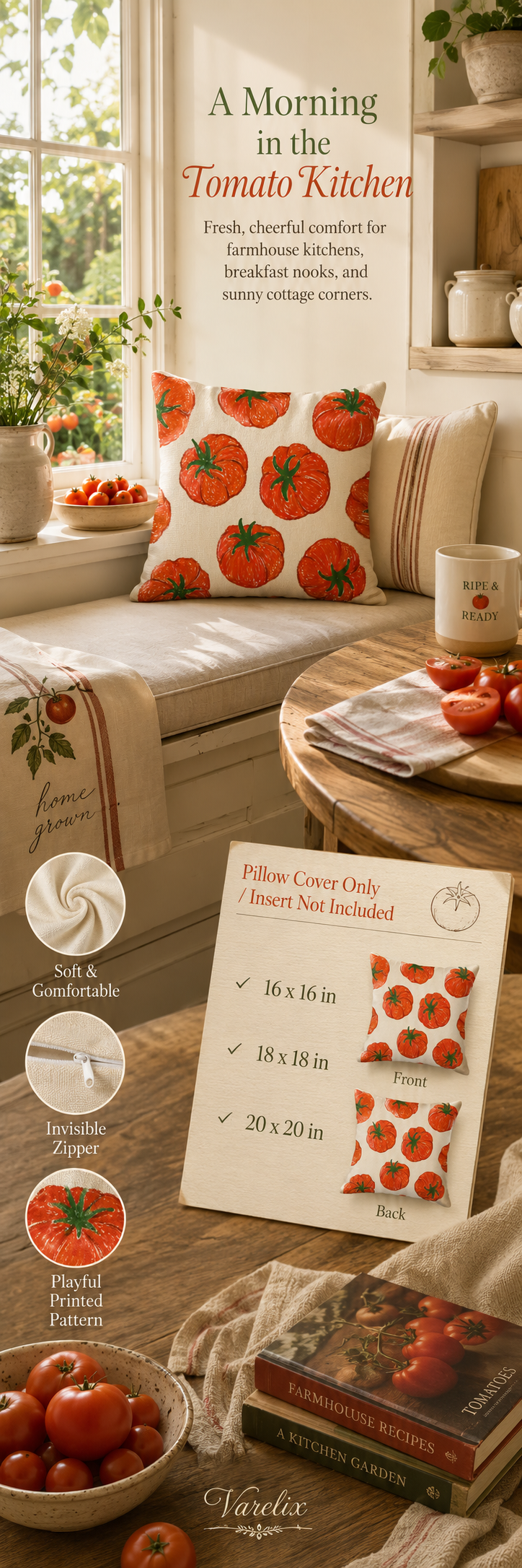 Infographic showing tomato kitchen pillow cover sizes and features like invisible zipper and soft fabric.