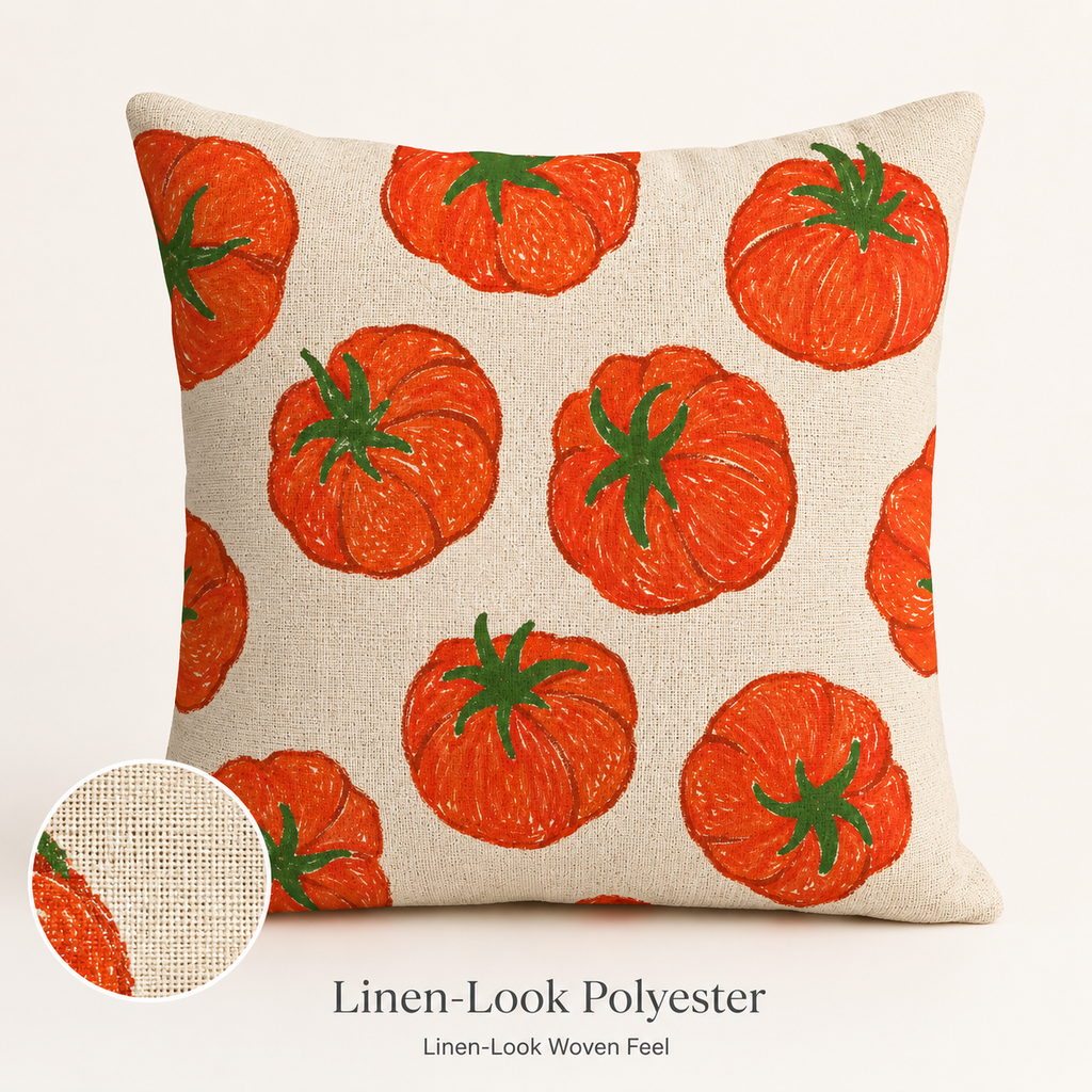 Linen look woven texture polyester pillow cover with a cheerful hand drawn tomato pattern.