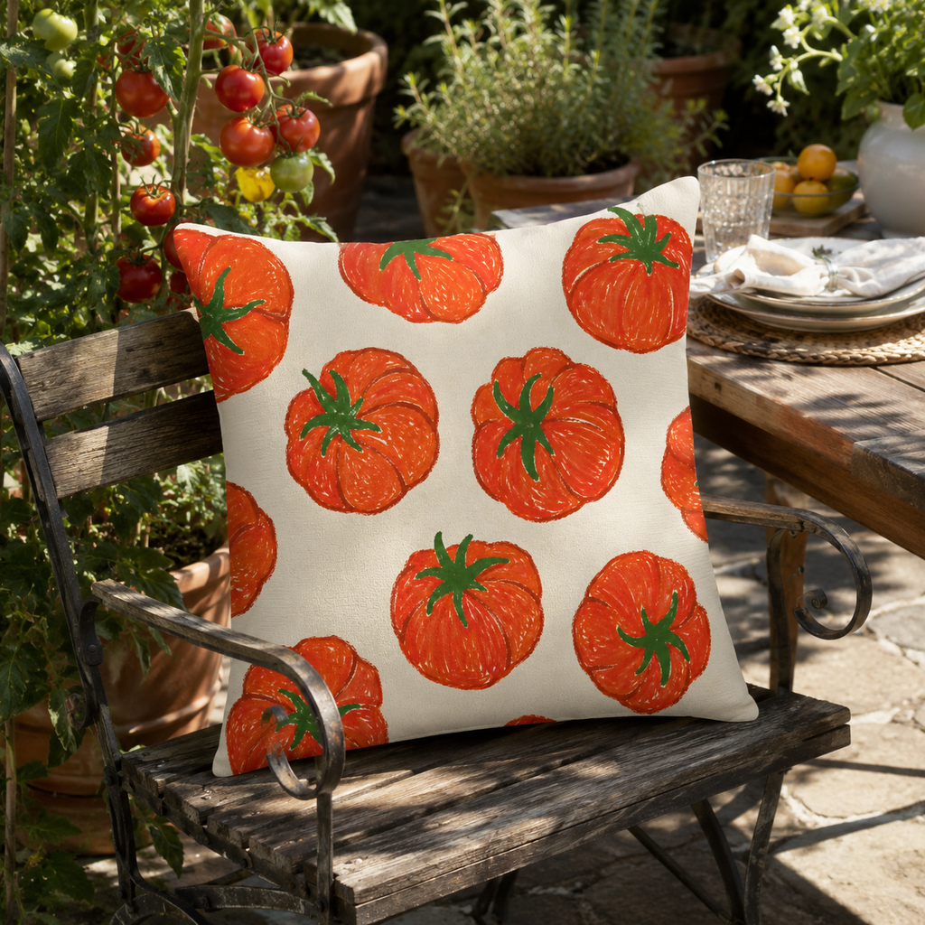 Tomato pattern pillow cover styled on a rustic wooden chair in an outdoor garden setting.