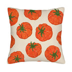 Artistic tomato hand drawn pattern print throw pillow cover isolated on a white background.