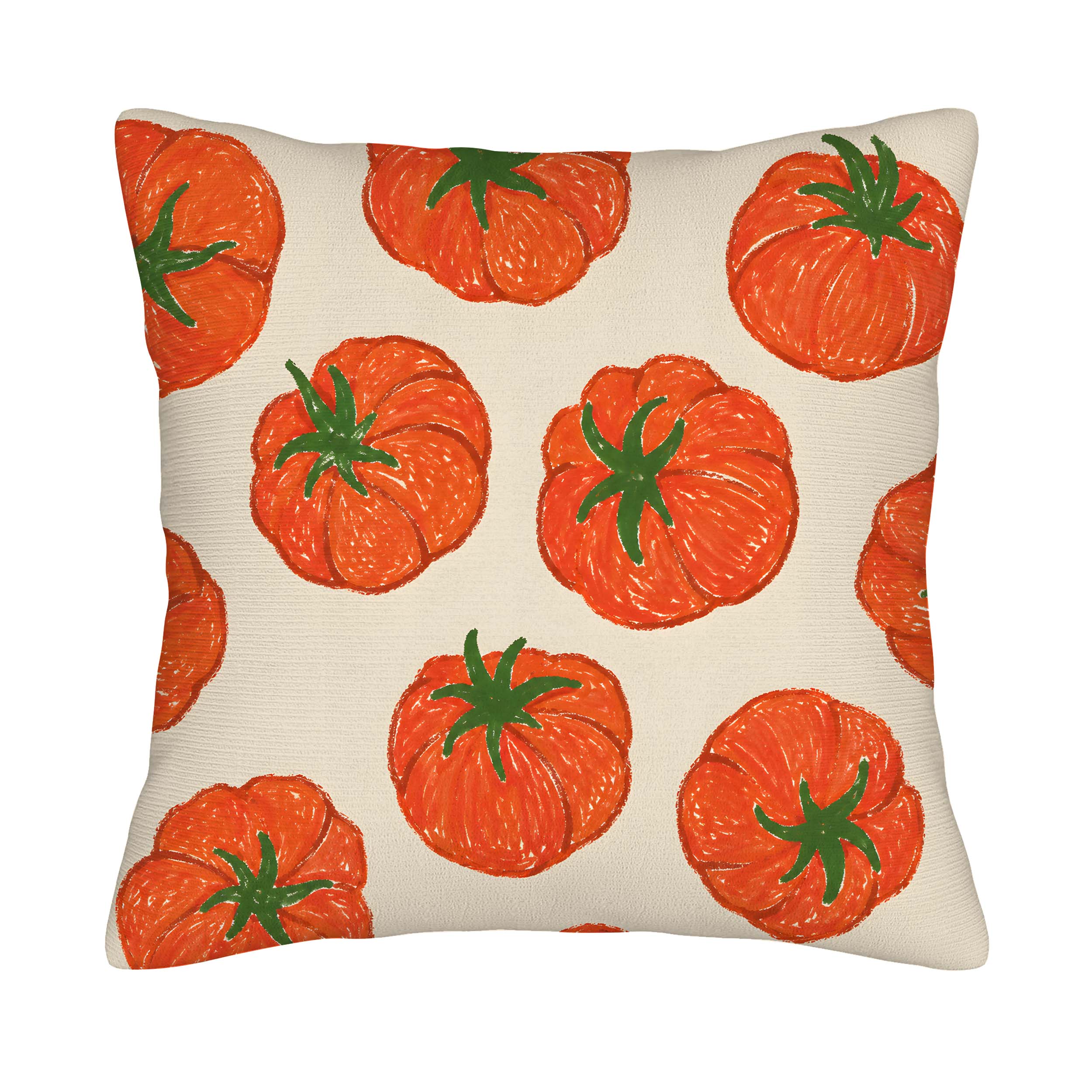 Artistic tomato hand drawn pattern print throw pillow cover isolated on a white background.