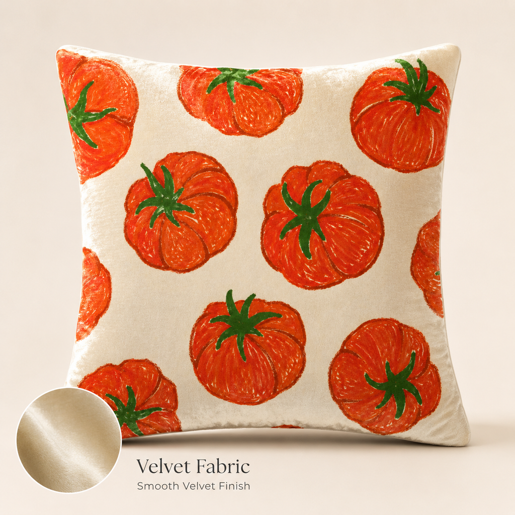 Luxurious smooth velvet finish pillow cover adorned with a bright red tomato pattern.