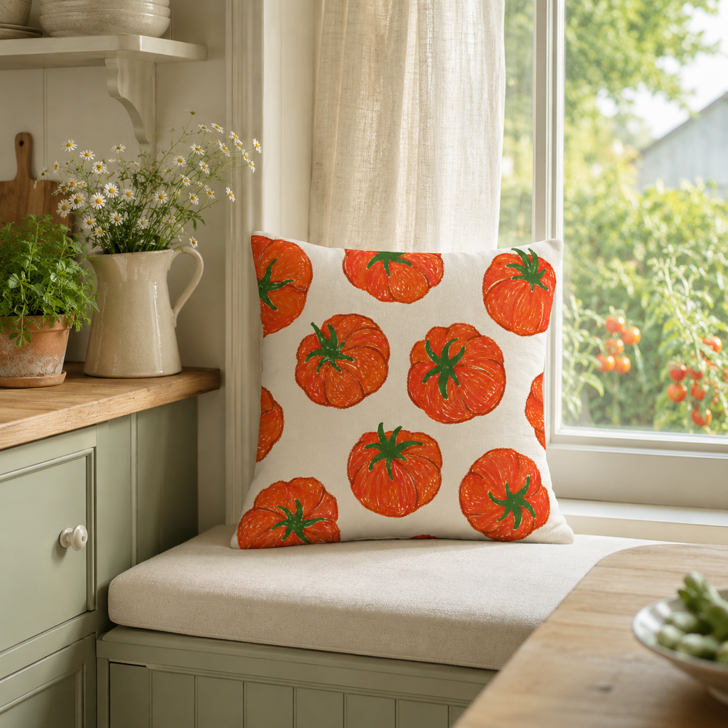 Tomato print throw pillow cover resting on a sunny kitchen window bench next to daisies.