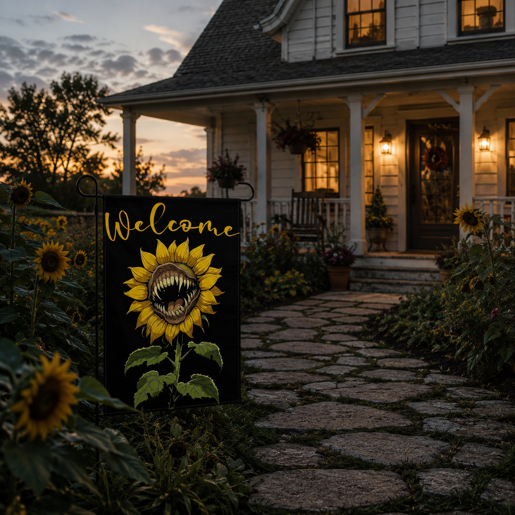 Toothy sunflower garden flag displayed along a dusk farmhouse walkway