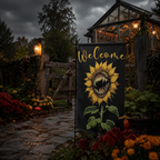 Toothy sunflower welcome garden flag styled outside a dark greenhouse garden