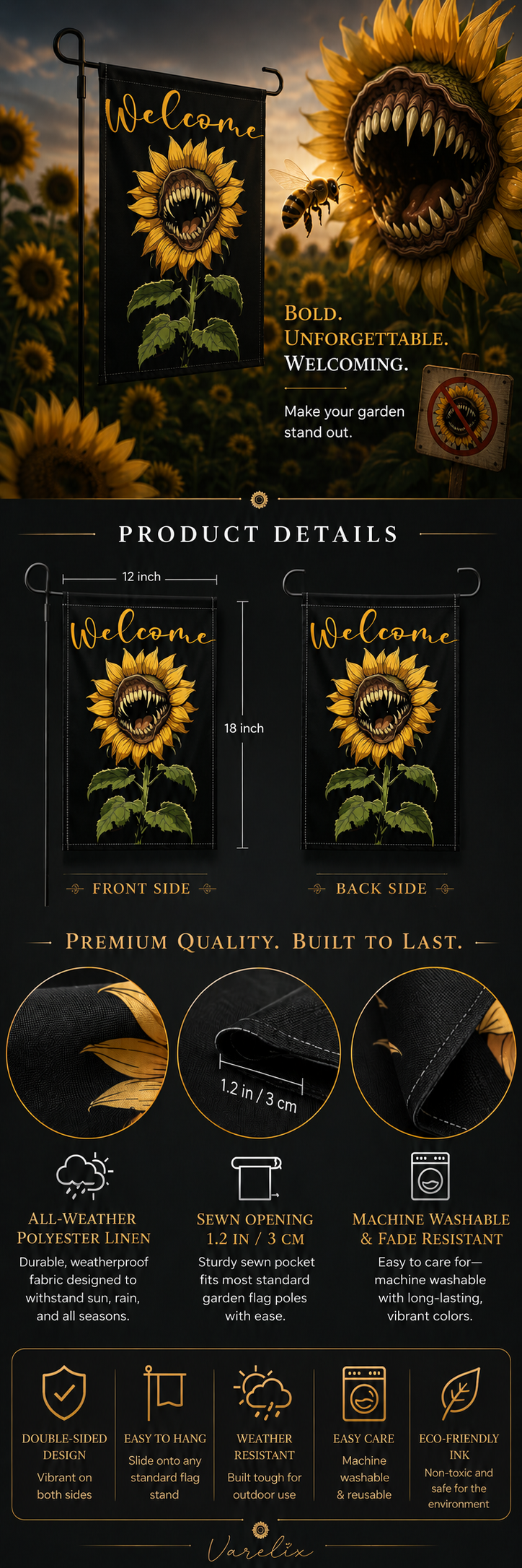 Toothy sunflower garden flag infographic showing size, double-sided design, and fabric details