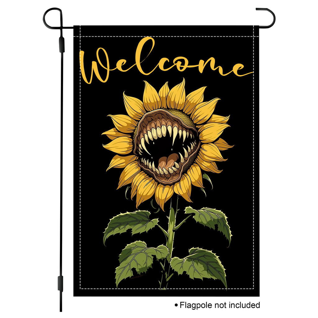 Toothy sunflower welcome garden flag with bold black background