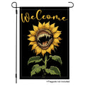 Toothy sunflower welcome garden flag with bold black background