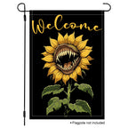 Toothy sunflower welcome garden flag with bold black background