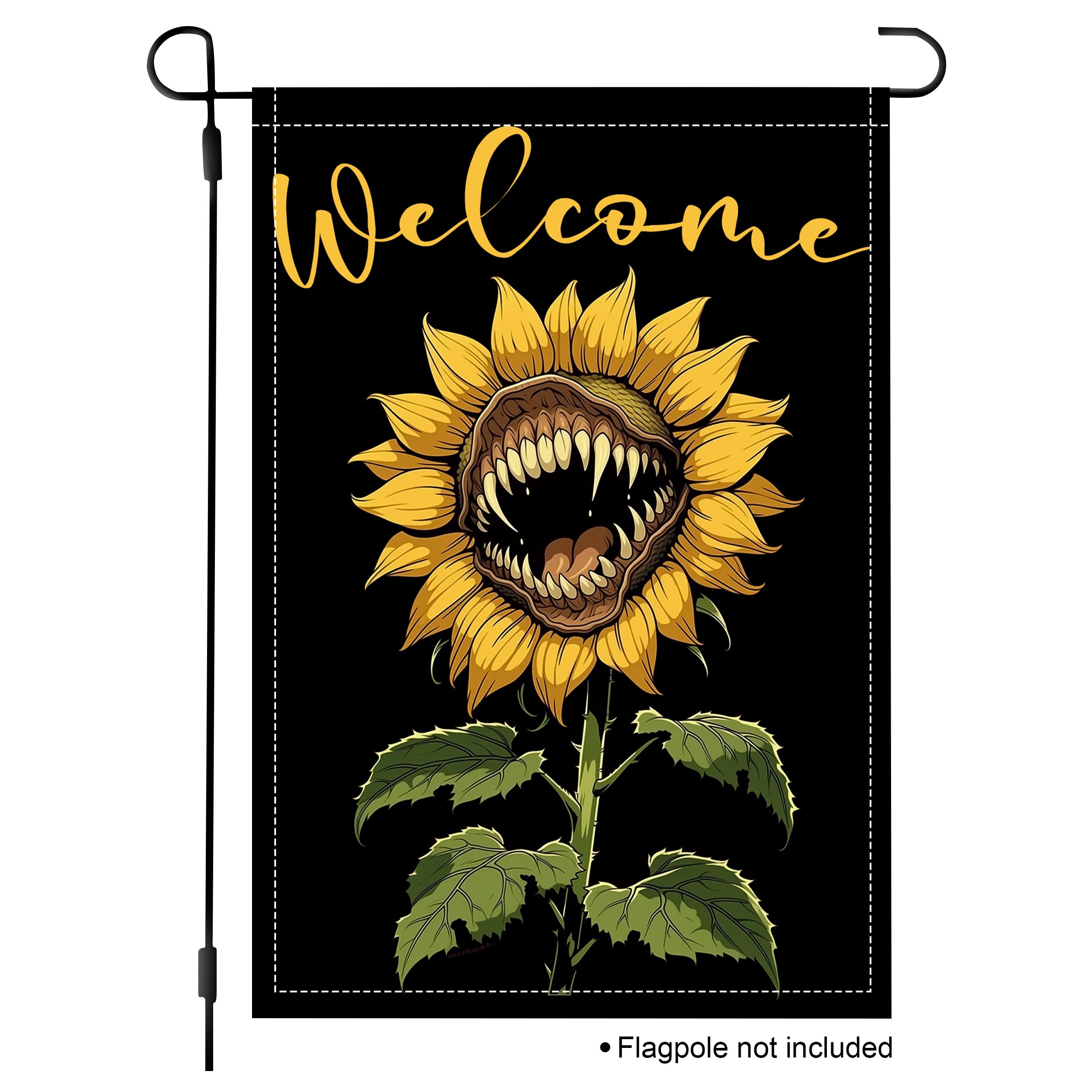 Toothy sunflower welcome garden flag with bold black background