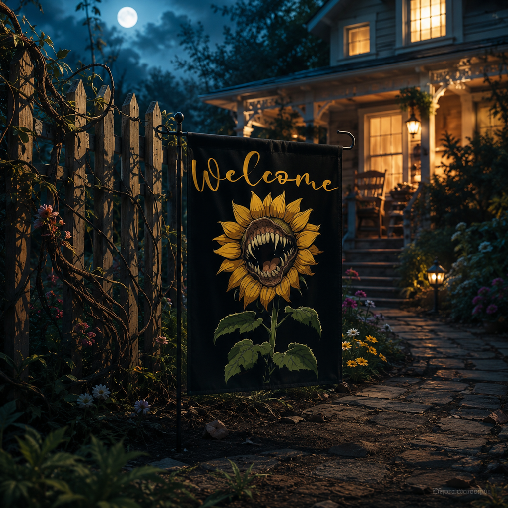 Toothy sunflower garden flag displayed near a moonlit front yard path