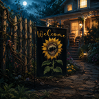 Toothy sunflower garden flag displayed near a moonlit front yard path