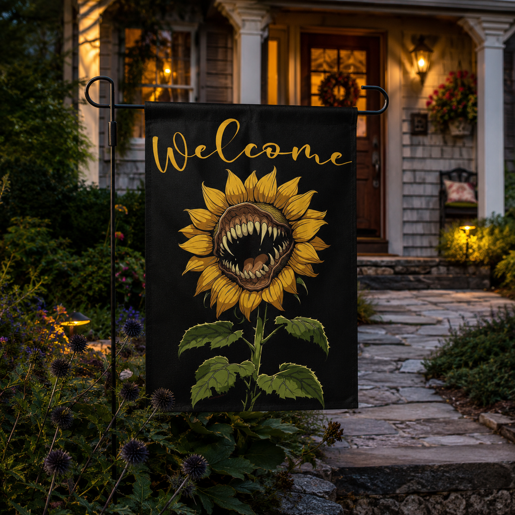Toothy sunflower welcome garden flag hanging near a warmly lit porch