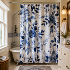 Elegant bathroom with white subway tile, a clawfoot tub, and a white shower curtain with a traditional blue and white porcelain-inspired floral pattern.