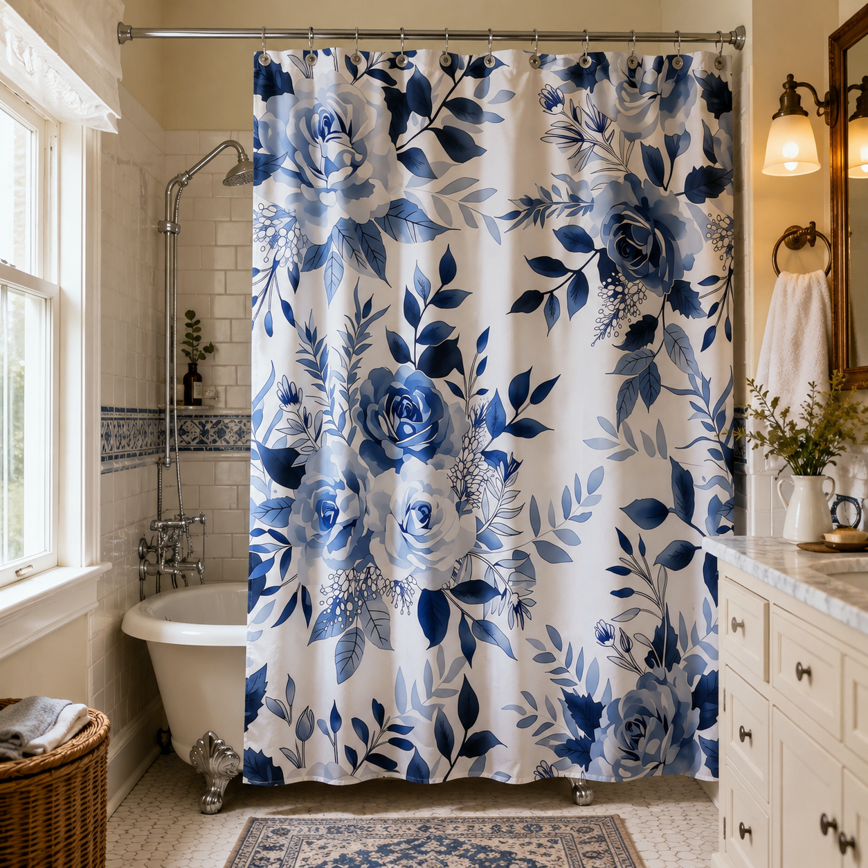 Elegant bathroom with white subway tile, a clawfoot tub, and a white shower curtain with a traditional blue and white porcelain-inspired floral pattern.