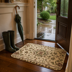 An elegant vintage floral doormat styled on a dark hardwood floor next to green rain boots and an umbrella by an open front door on a rainy day.