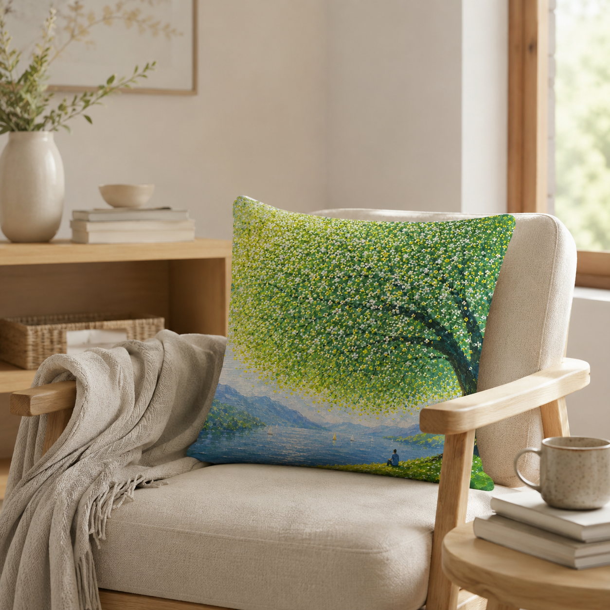 A scenic green tree throw pillow cover on a cozy neutral accent chair with a grey blanket.