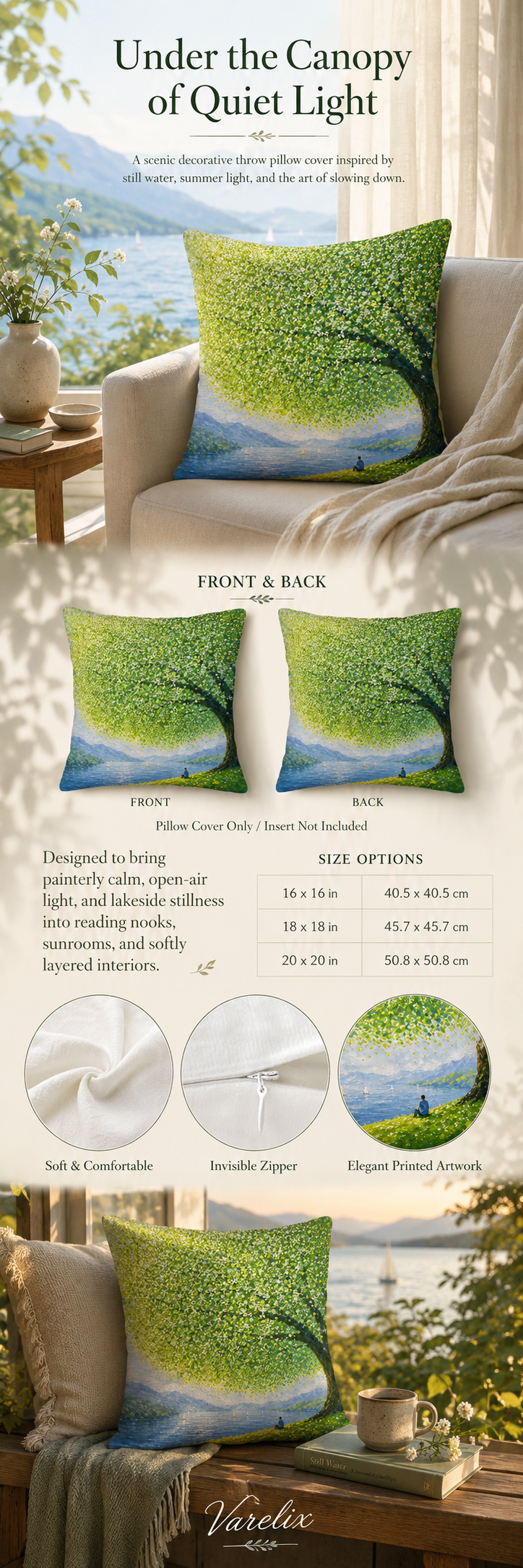 Product infographic for a scenic tree and lake throw pillow cover showing size options and fabric details.