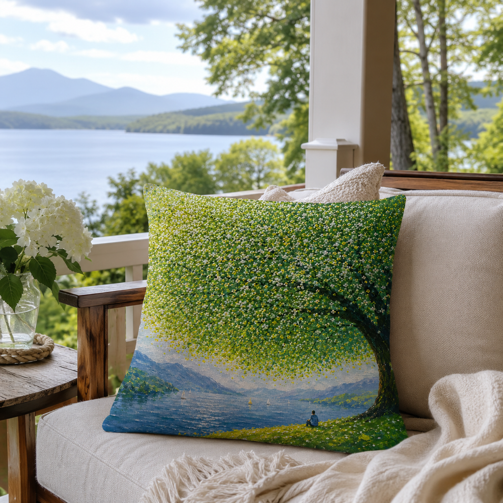 An oil painting style pillow cover with a large green tree on a lakeside porch setting.