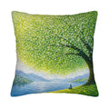 An oil painting style green tree and lakeside scenic printed throw pillow cover isolated on white background.